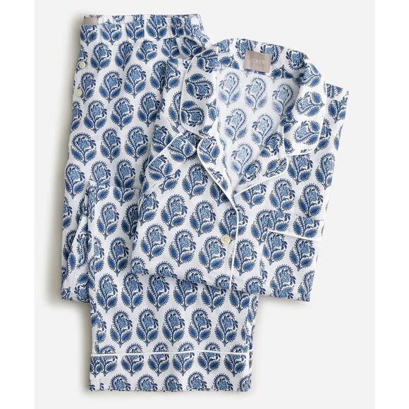 J. Crew Short Sleeve Linen Blend Pajama Set Bouquet Block Print Women's Large - Picture 1 of 13